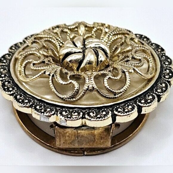 Vintage West Germany Scarf Ring Hinge Clip Gold Tone Ornate 3D Design Round - Picture 9 of 9
